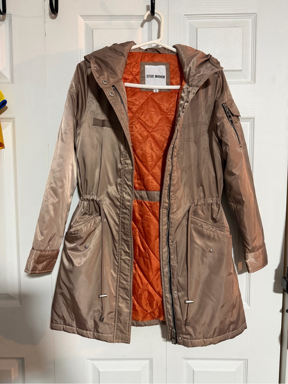 Steve Madden Women's Taupe Anorak Jacket with Orange Quilted Lining